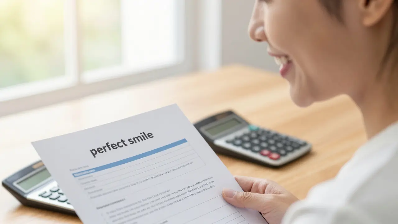 Detail úsměvu s rovnými zuby vedle pojistných dokumentů na stole.