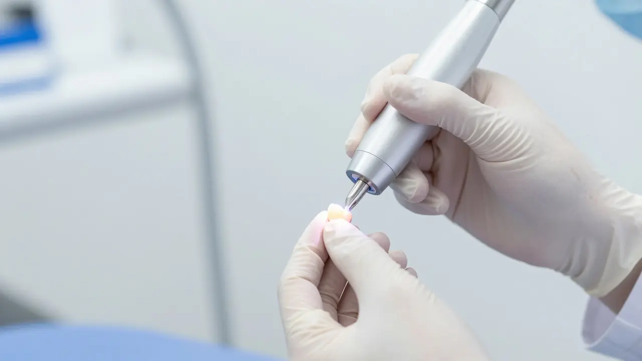 Detailní pohled na profesionální bonding zubů v moderní zubní ordinaci.