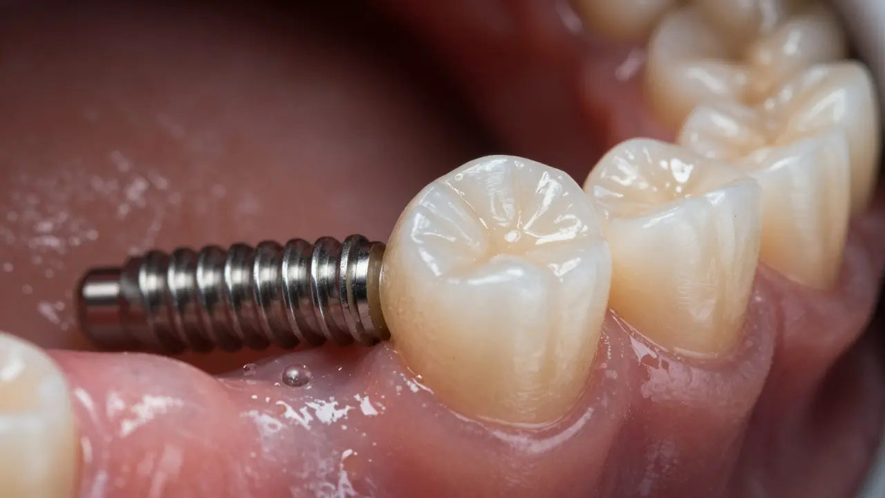 Detailní pohled na zubní implantát s porcelánovou korunkou nahrazující zub 46.