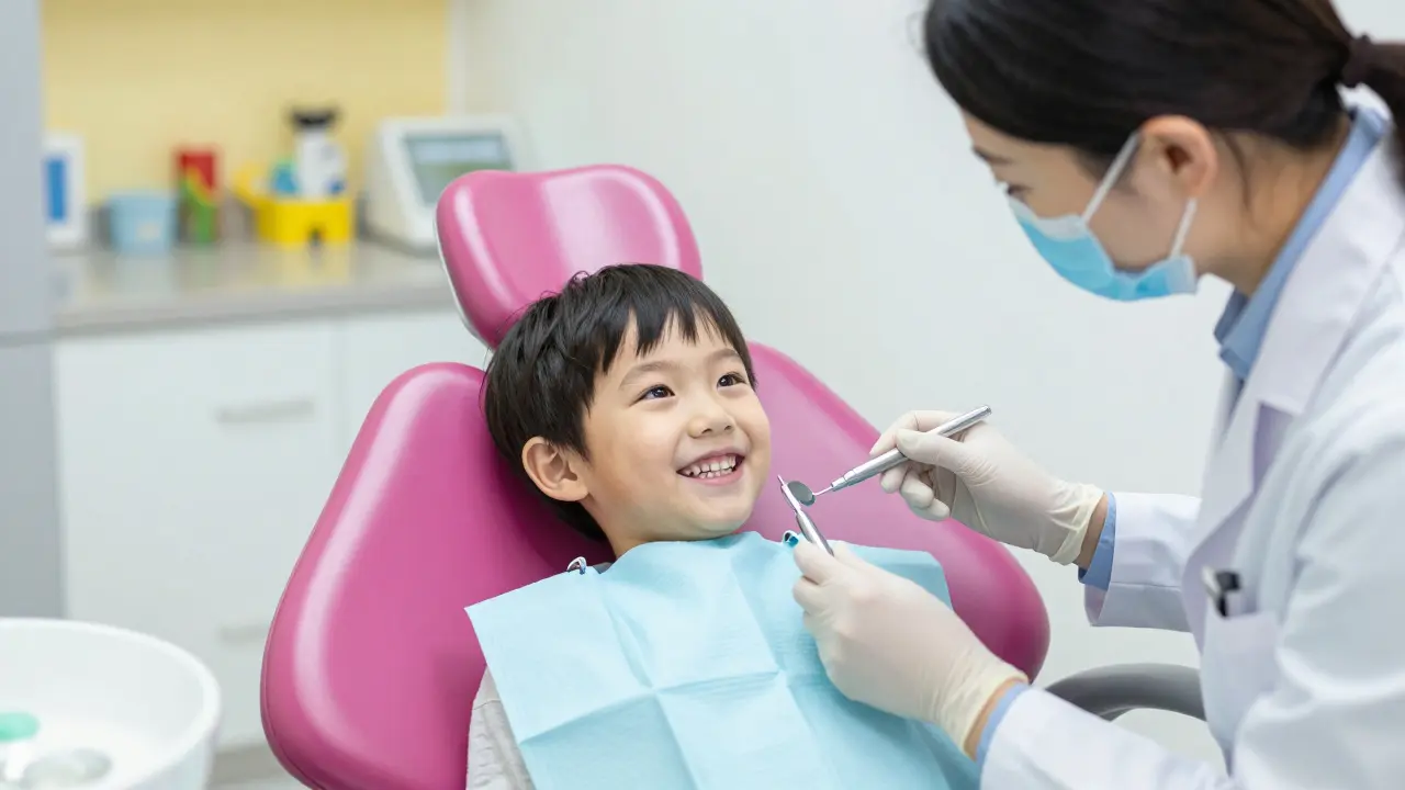 Dítě s úsměvem sedí v křesle v dětské stomatologické ordinaciC.