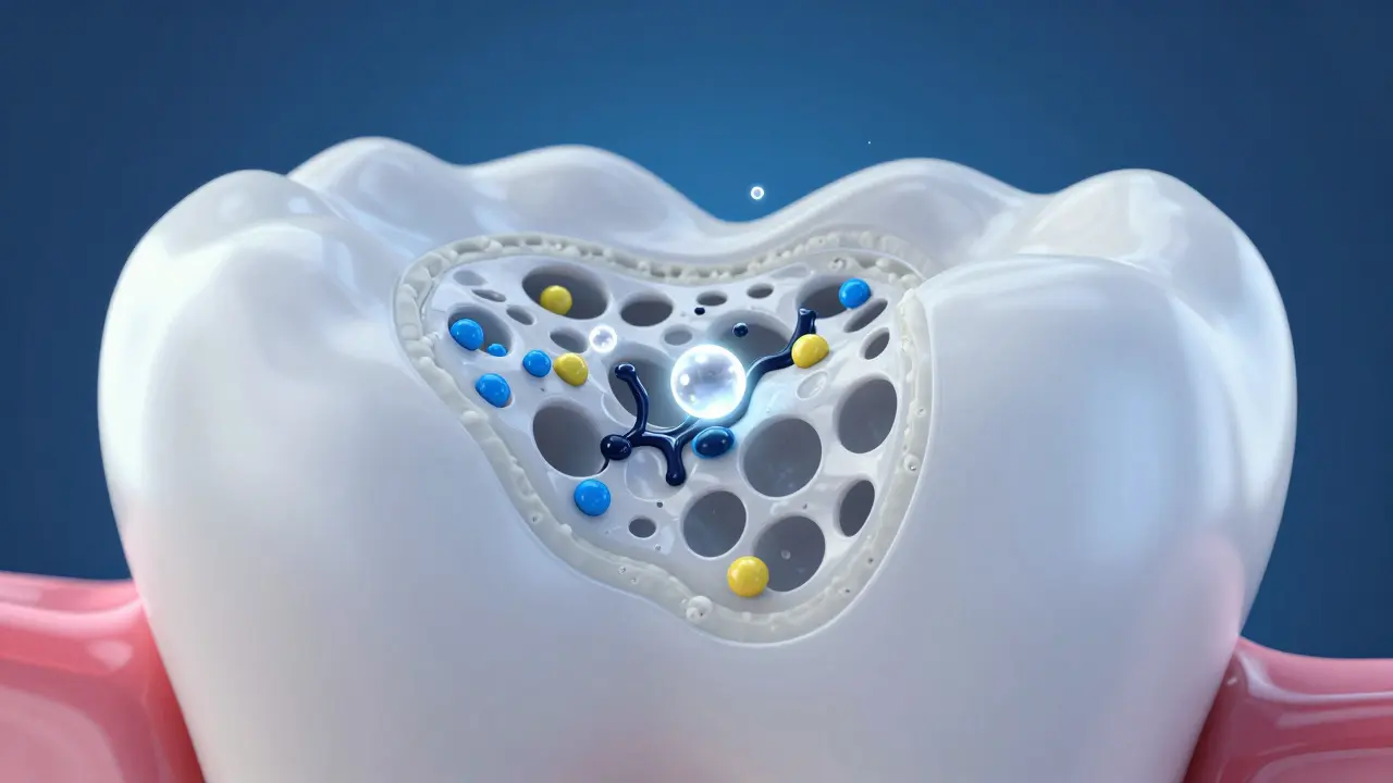 Ilustrace procesu bělení zubů a odstranění pigmentů ze skloviny.