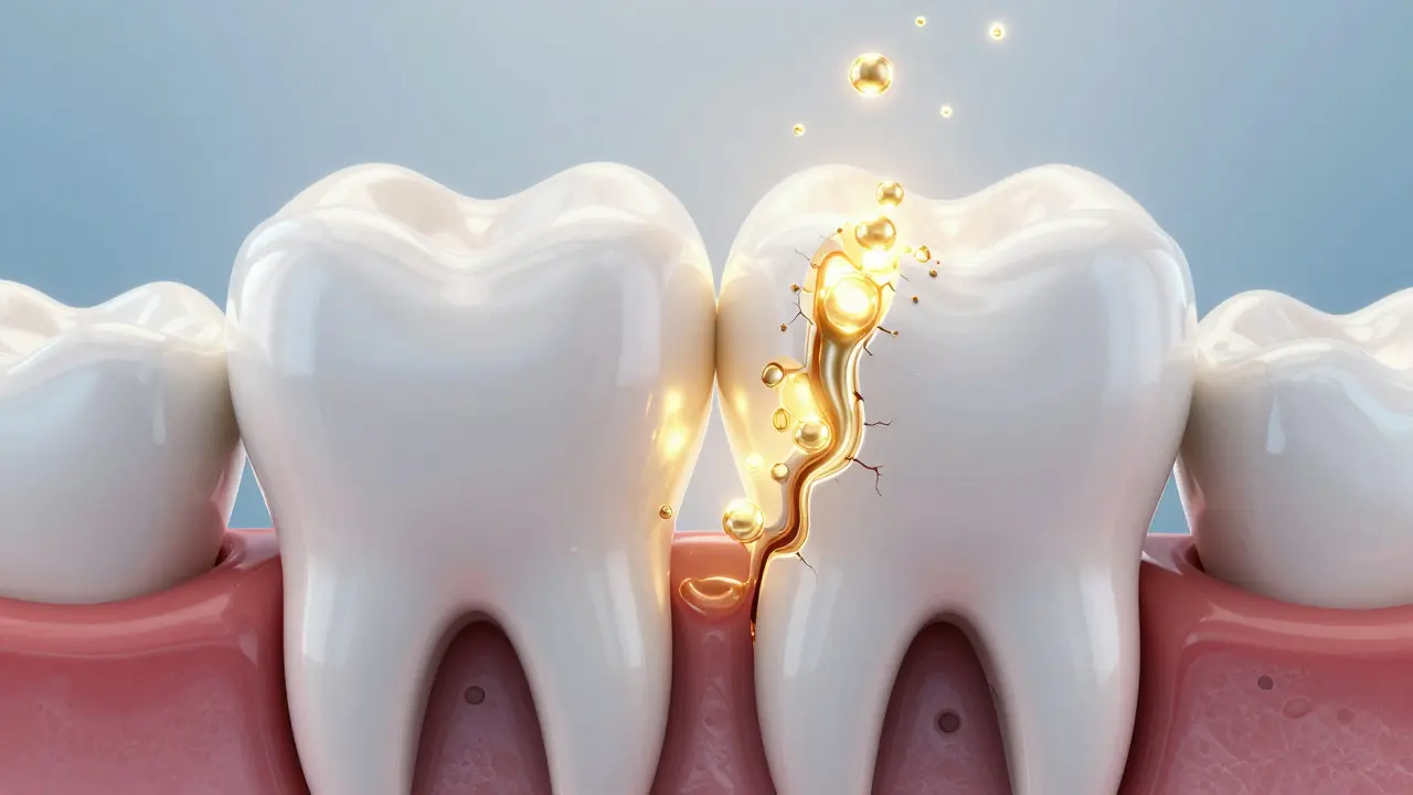 Ilustrace procesu remineralizace zubní skloviny.