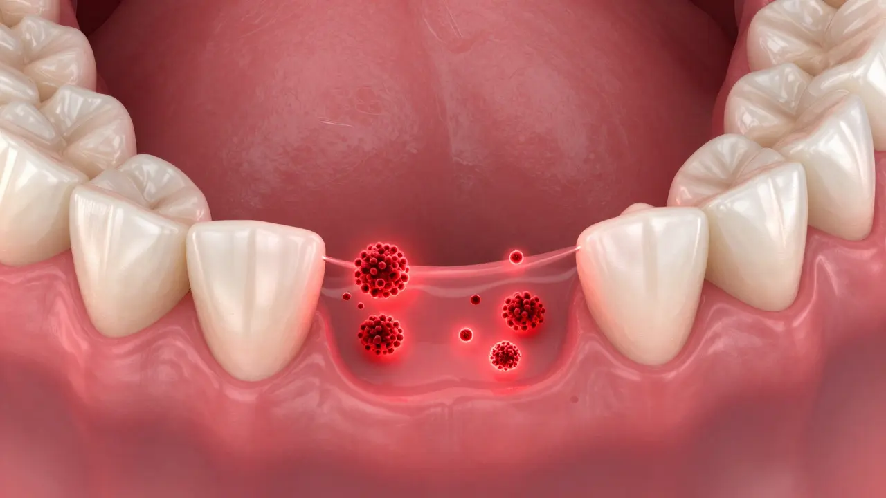 Ilustrace zánětu sliznice a bakterií pod zubním nálevem