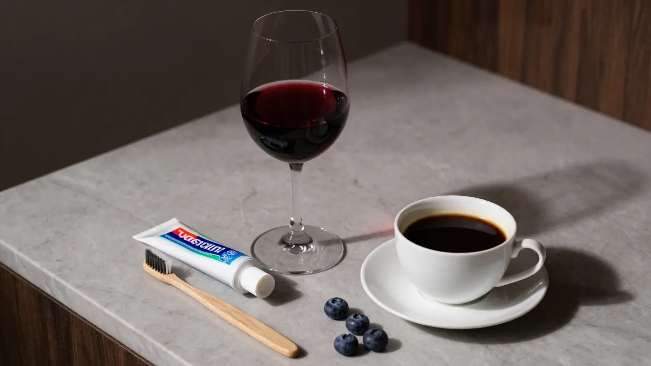 Káva, červené víno a zubní pasta na mramorovém povrchu.