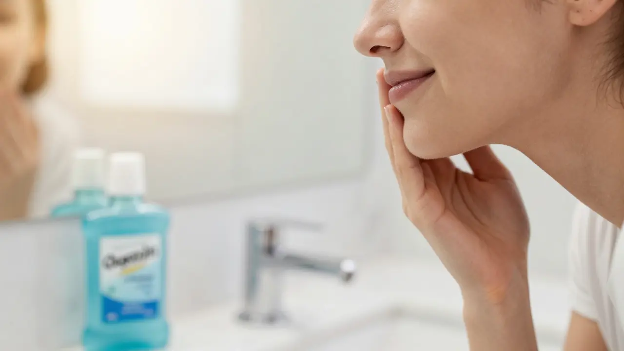 Klíč k hojení: osoba se usmívá před zrcadlem s ústním rinse v pozadí.