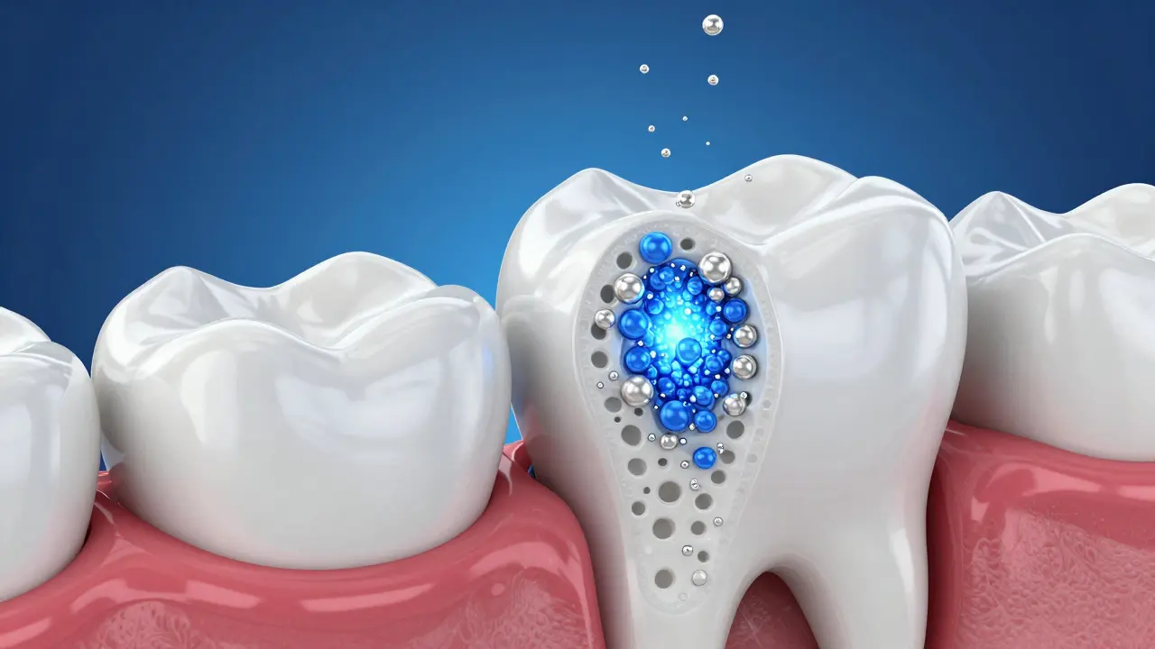 Konceptuální 3D znázornění procesu remineralizace zubní skloviny.