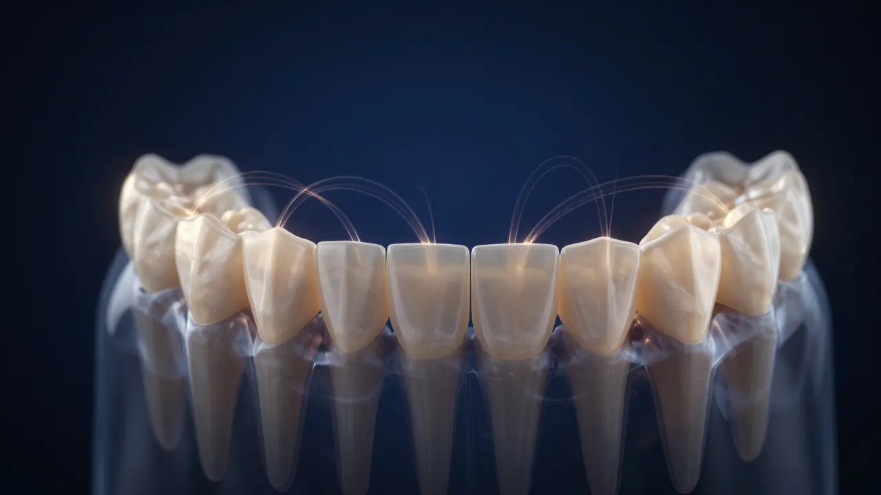 Konceptuální znázornění tlaku a pohybu zubů během ortodontické léčby.