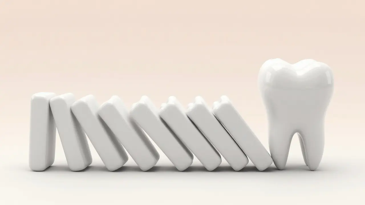 Konceptuální znázornění tlaku zubu moudrosti na řadu rovných zubů.