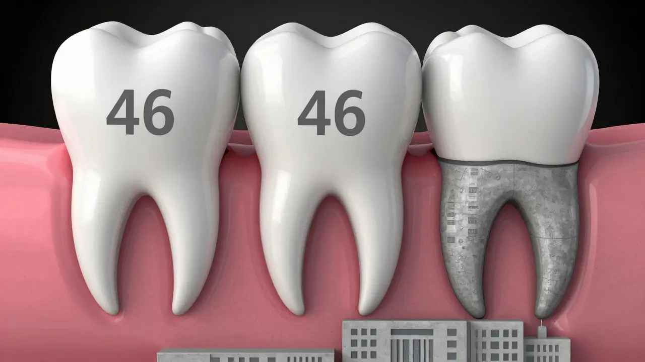 Konceptuální zobrazení kořenů zubu 46 jako pevných základů mrakodrapu v čelisti.