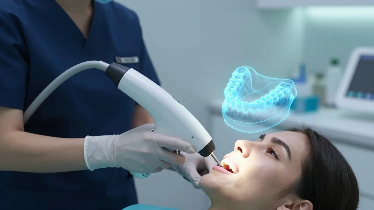 Moderní intraorální skener vytvářející digitální 3D model chrupu pro přesnou výrobu faset.