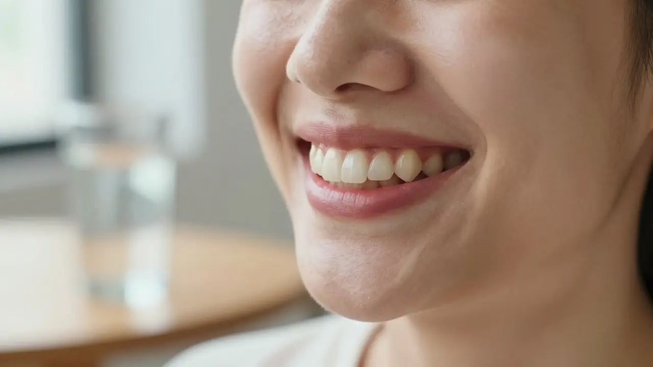 Portrét úsměvu se zdravými dásněmi a přirozenou barvou zubů.