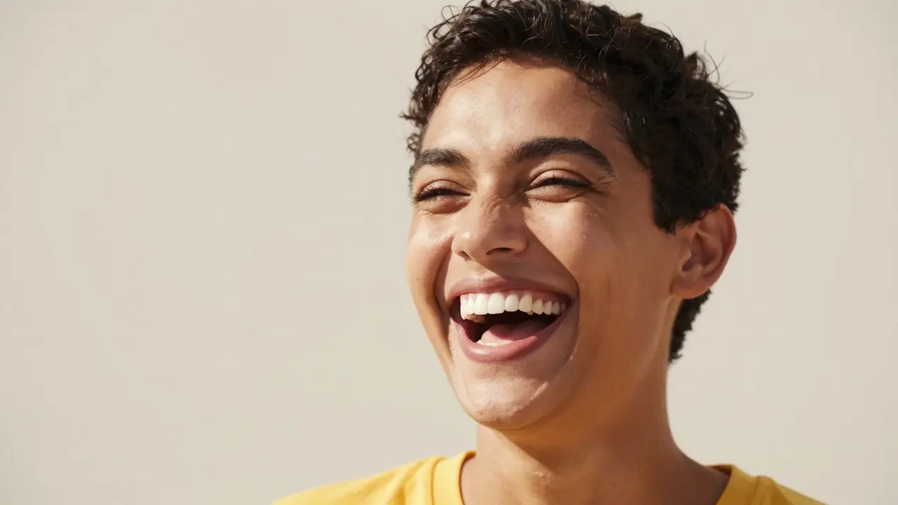 Radostně se smějící osoba s perfektním a přirozeným úsměvem.