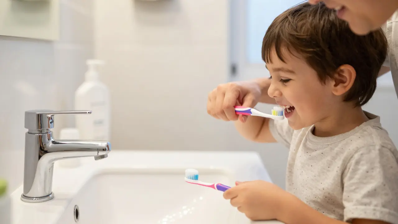 Rodič a malé dítě si společně a radostně čistí zuby v koupelně.