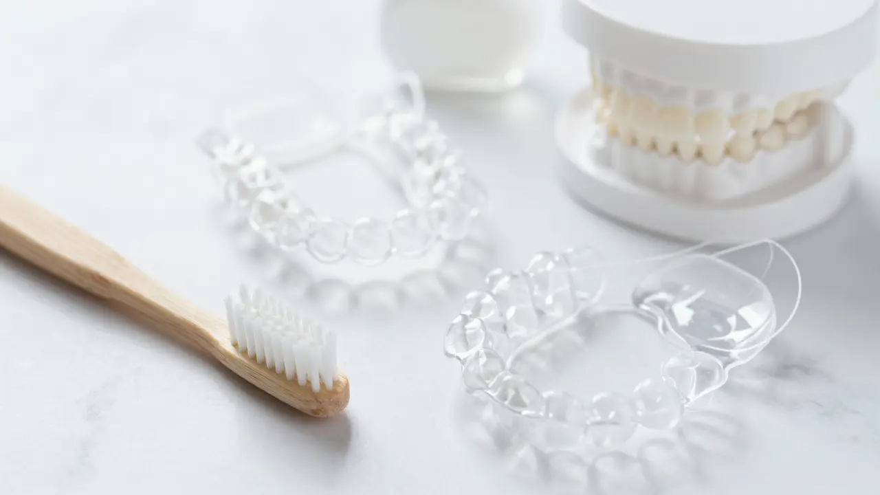 Sada pro dentální hygienu zahrnující kartáček, nit a alignery.