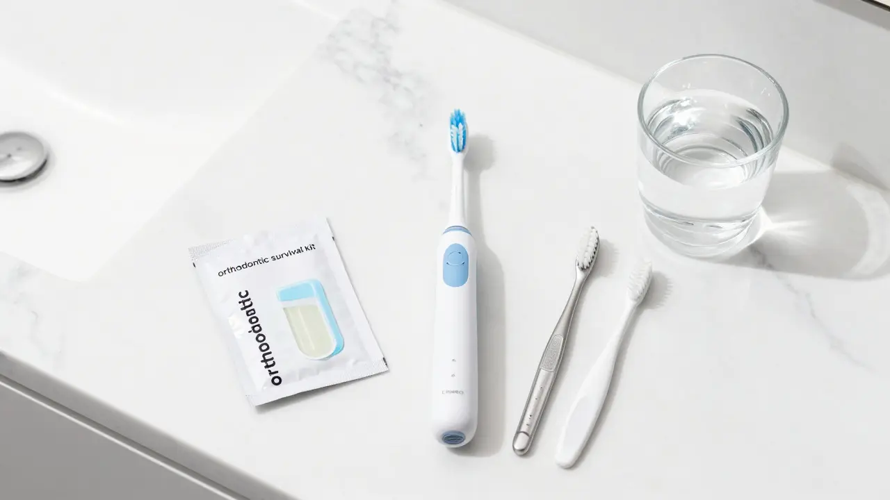 Sada pro hygienu zubů s rovnátky včetně sonického kartáčku a ortodontického vosku.