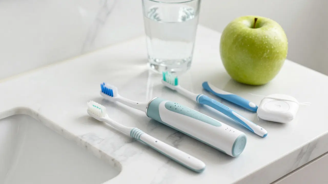 Sada pro mezizubní čištění, elektrický kartáček a zdravá strava na koupelnové poloce.