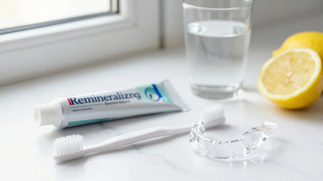 Sada pro péči o zuby s noční dlahou a pastou.