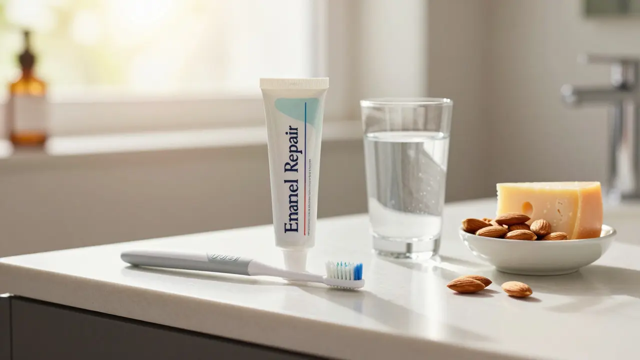 Sada pro péči o zuby: sonický kartáček, repairing pasta a zdravá strava.