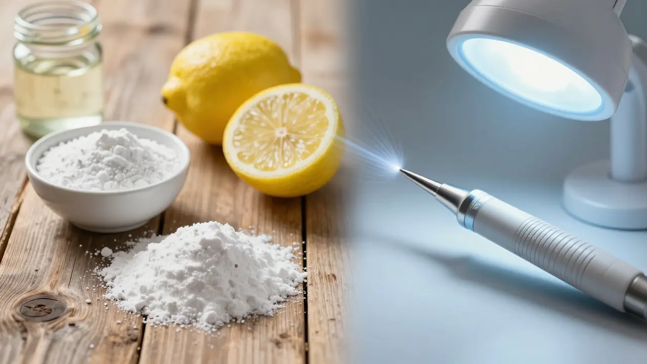 Srovnání domácích ingrediencí jako citron a soda s profesionálním ultrazvukovým přístrojem.