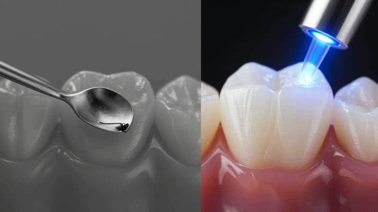 Srovnání estetiky stříbrné amalgamové plomby a moderní bílé kompozitní výplně.