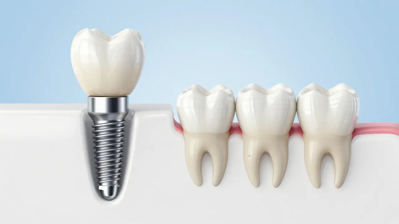 Srovnání konstrukce zubního implantátu a zubního mostu