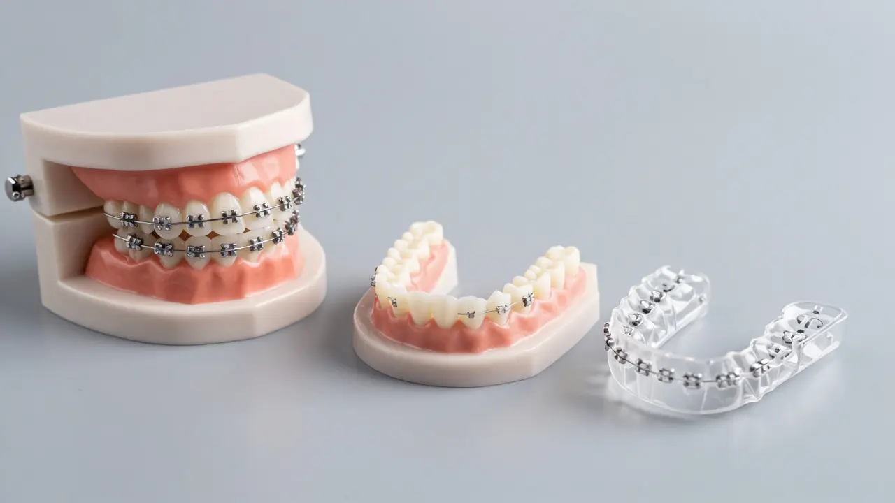 Srovnání kovové rovnátka, keramických závlaků a průhledných alignerů.