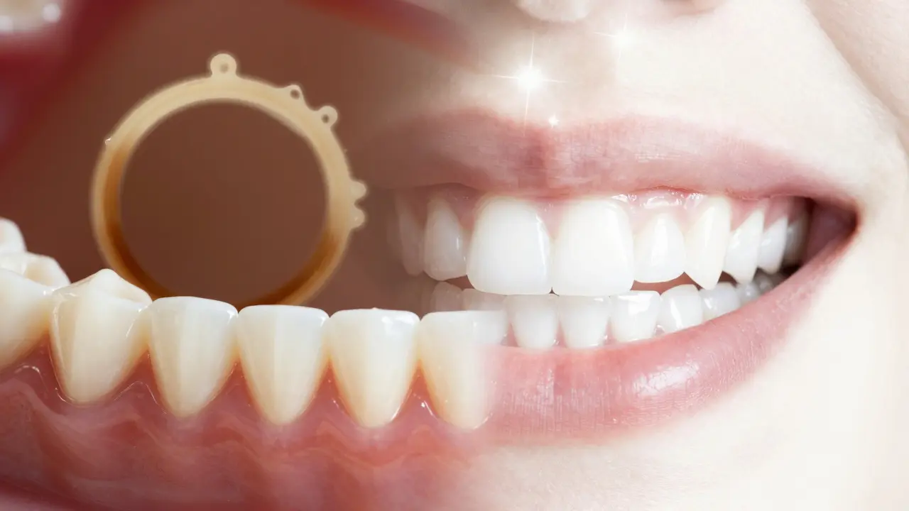 Srovnání skvrn na zubech a zářivého bílého úsměvu před a po čištění.