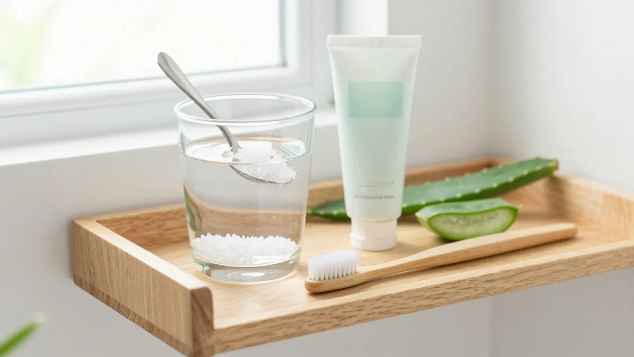 Sůlový roztok, aloe vera gel a měkký kartáček na dřevěné polici.