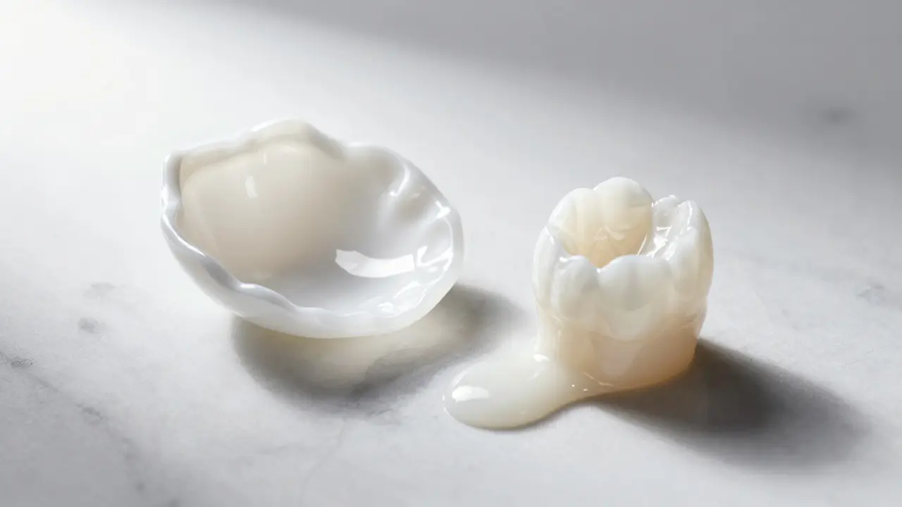 Umělecký detail průsvitné keramické fasety a kompozitní pryskyřice na mramorovém podkladu.