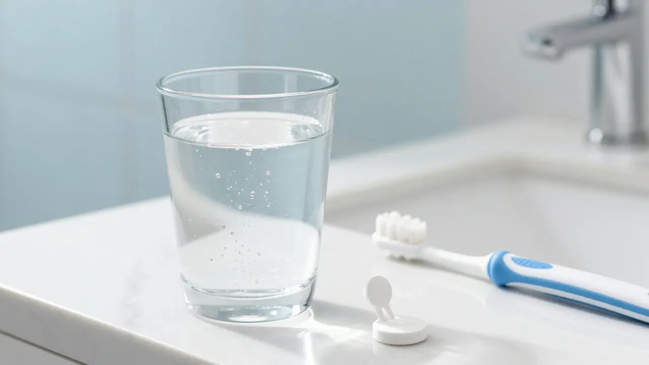 Zubní protéza v čistící nálevu s tabletou a speciálním kartáčkem