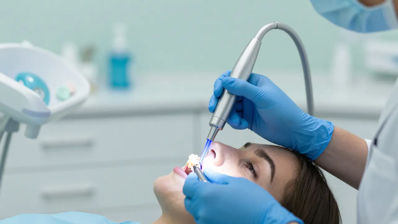 Dentista aplikuje kompozitní výplň na zub