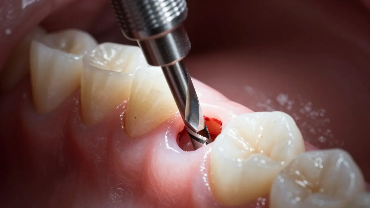Detail chirurgického vrtání do kosti pro implantát