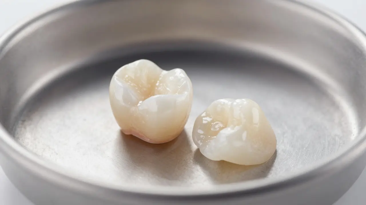 Hotová porcelánová korunka vedle dočasné náhrady na tácu