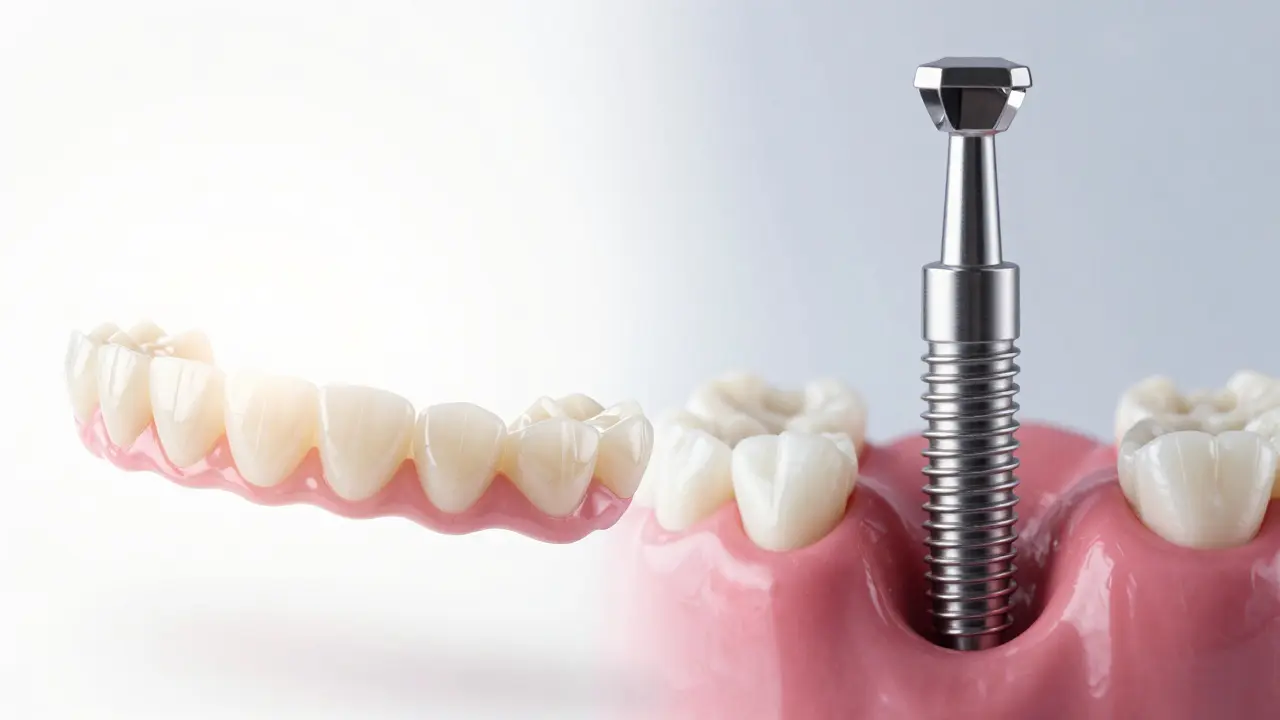 Konceptuální srovnání estetického keramického můstku a stabilního titanového implantátu