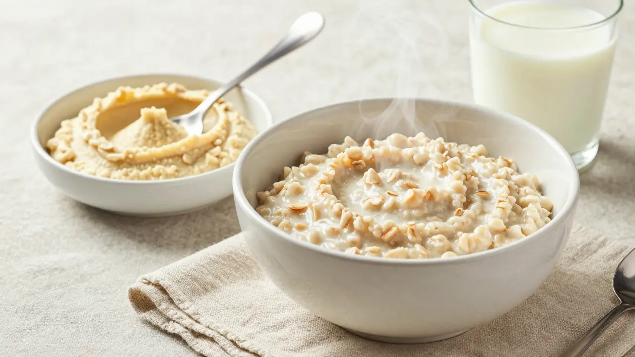 Miska kaše z ovesných vloček, jogurt a hummus jako šetrná snídaně