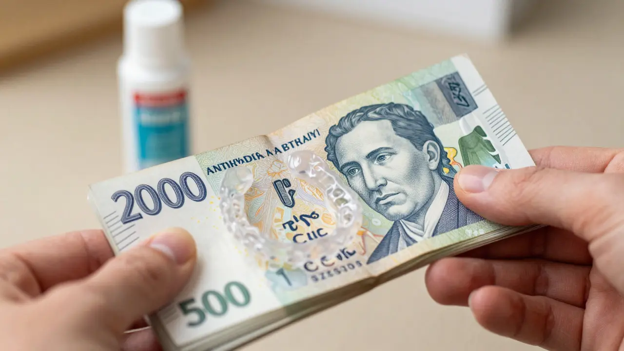 Peníze a zubní destičky symbolizující náklady na rovnátka