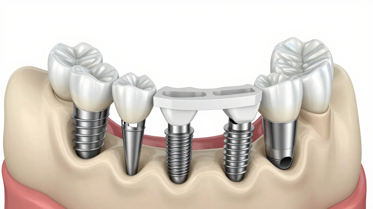 Schéma implantace All-on-4 ukazující čtyři šrouby v čelisti