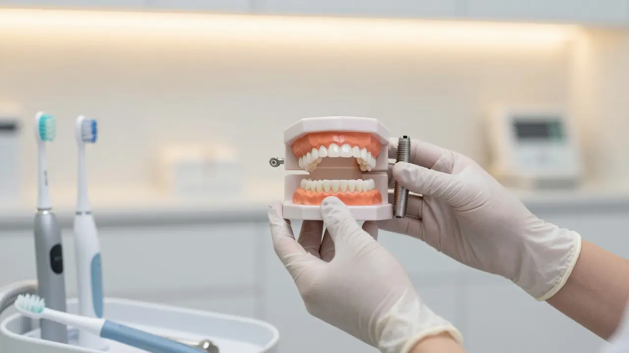 Zubní lékař drží modely mostu a implantátu v moderní klinice