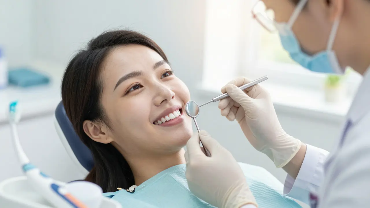 Dentista kontroluje úsměv pacienta v ordinaci