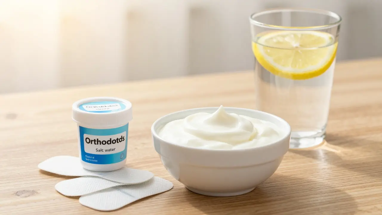 Ortodontický parafín, jogurt a voda pro úlevu od bolesti