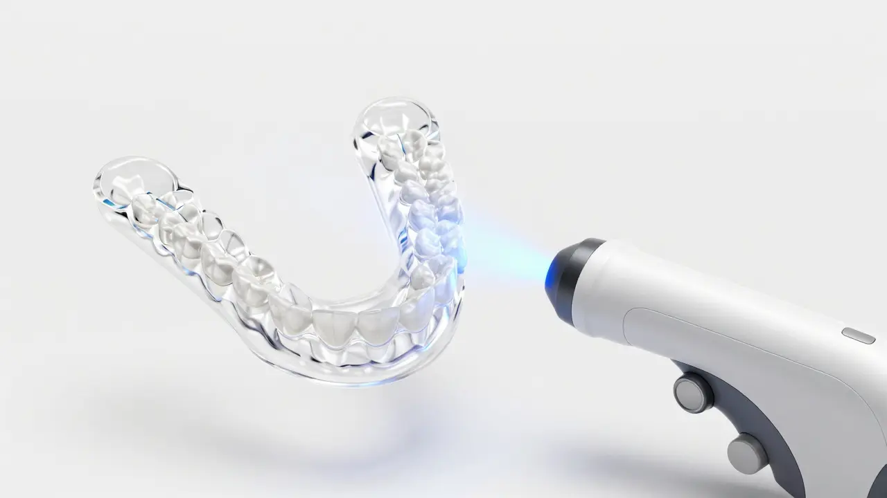 Průhledný plastový aligner a 3D skener zubů na bílém pozadí