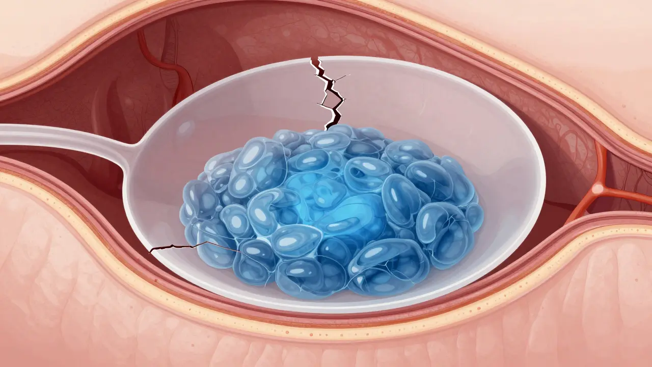 Schéma tichého prasknutí implantátu s obsahem v kapsli