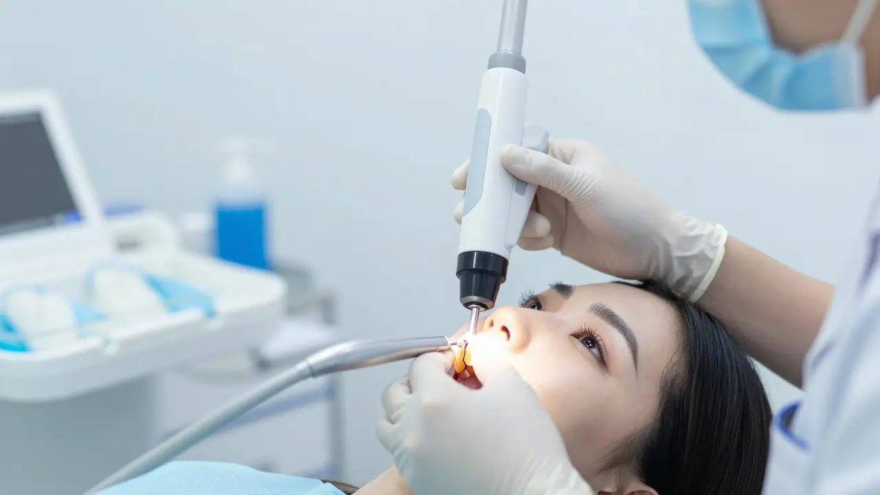 Zubař diagnostikuje prasklinu zubu pomocí světelné transiluminace