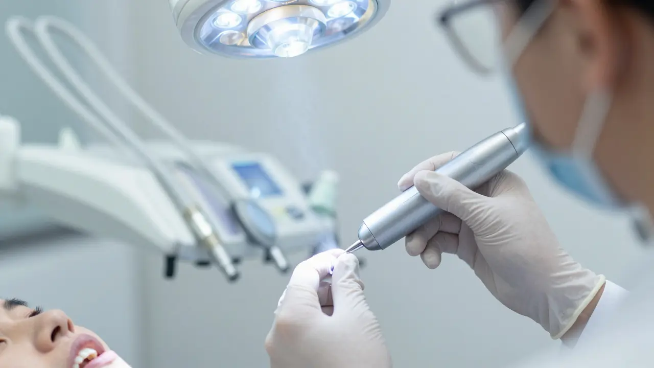 Zubní lékař používá ultrazvukový scaler k čištění zubního kamene