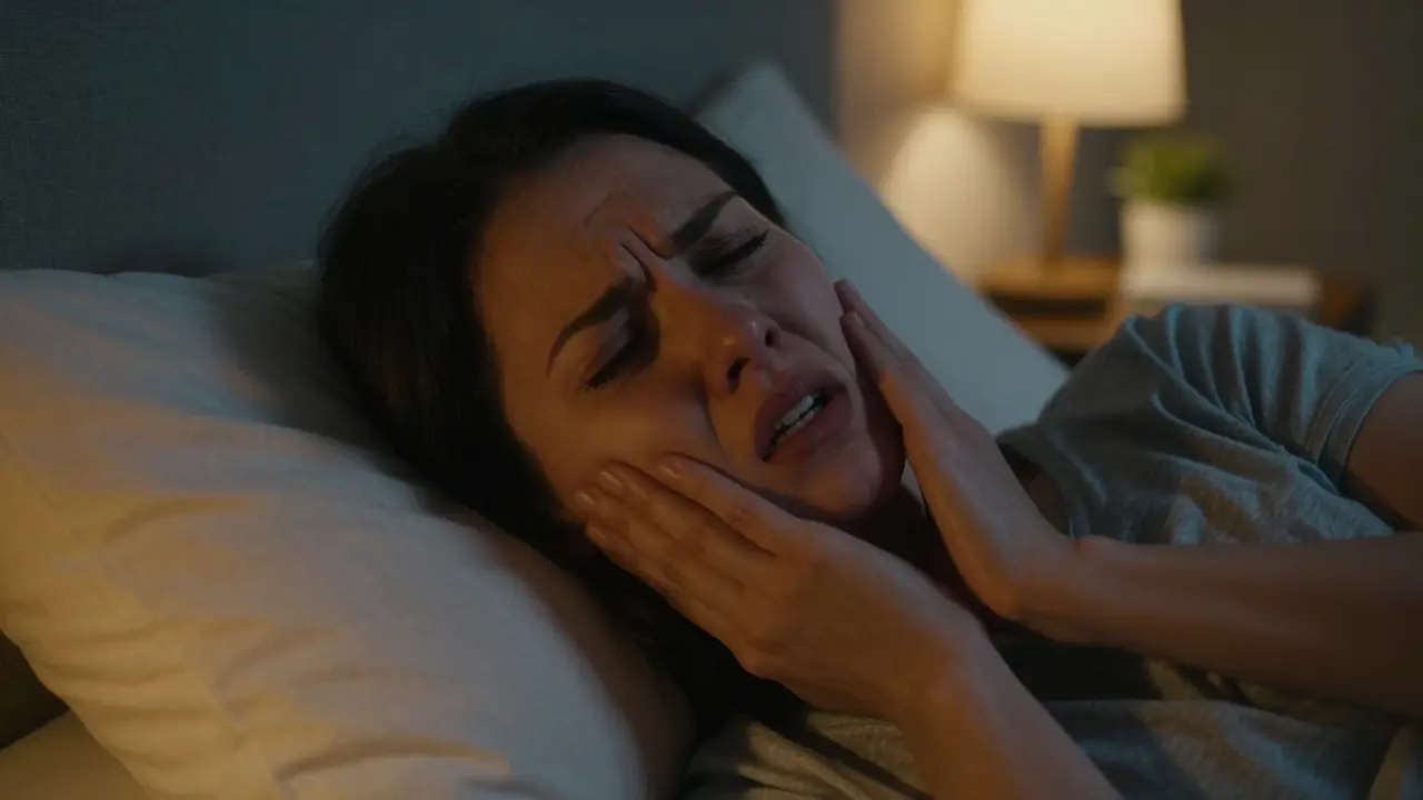 Člověk trpící bolestí zubu v noci v posteli při slabém světle