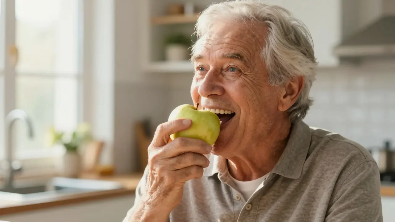 Confident senior eating apple with well-fitted dentures