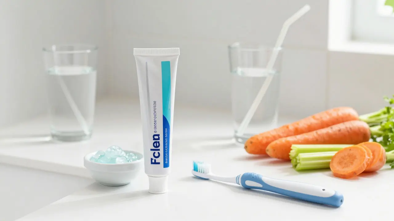 Hygienické potřeby pro péči o zuby: kartáček, pasta a voda