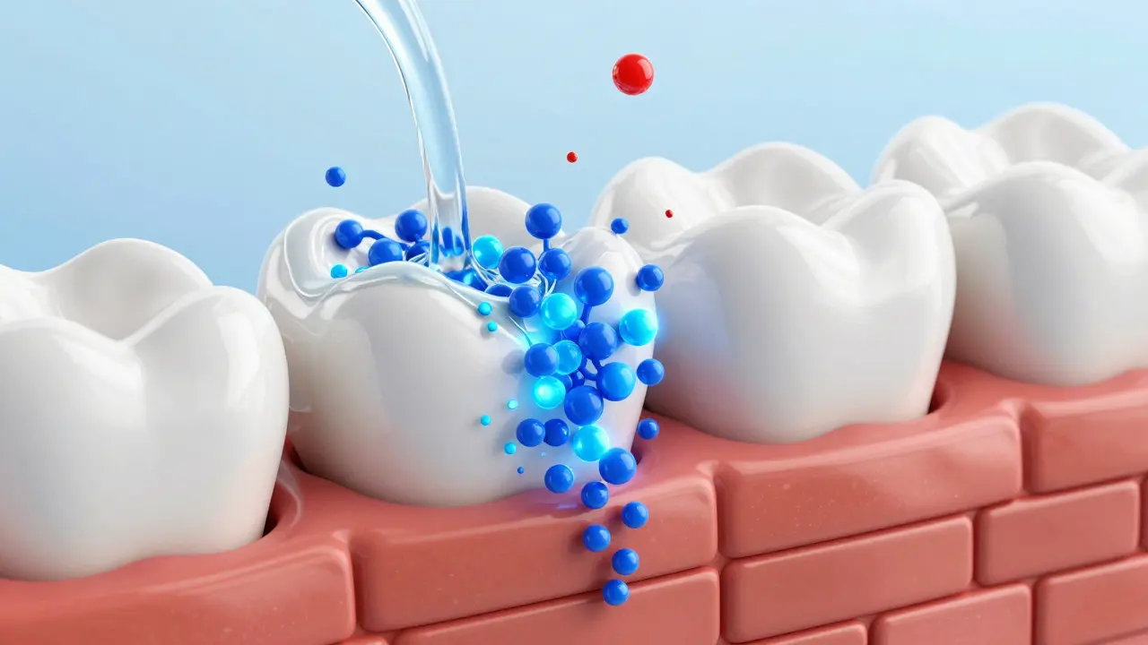 Konceptuální ilustrace remineralizace zubní skloviny fluoridy a minerály