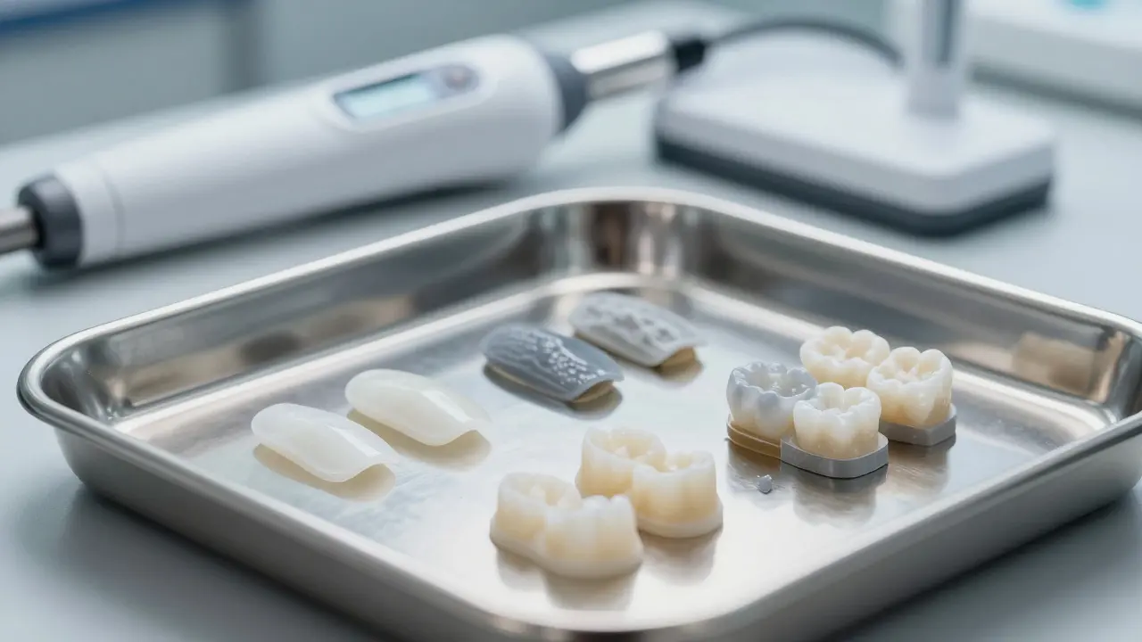 Makro záběr na materiály pro zubní destičky a digitální skener v laboratoři