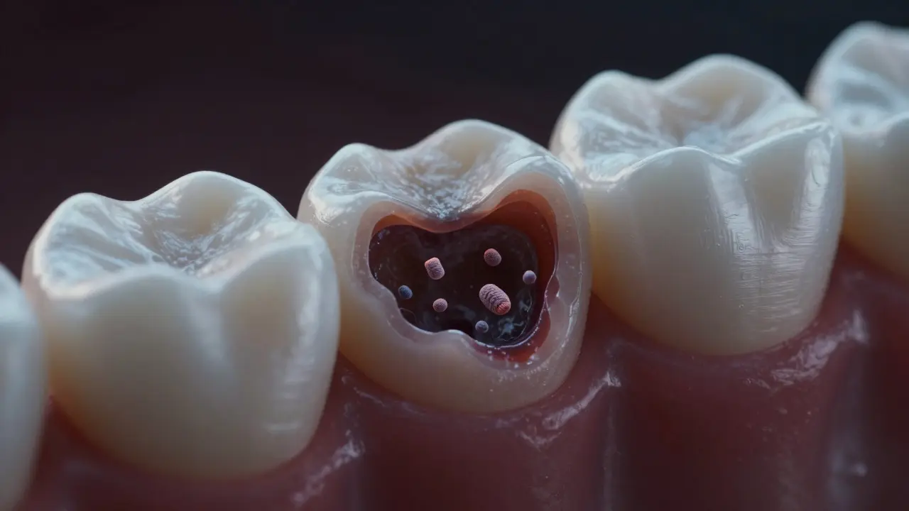 Makro záběr zubního kazu pronikajícího do dentinu bakteriemi